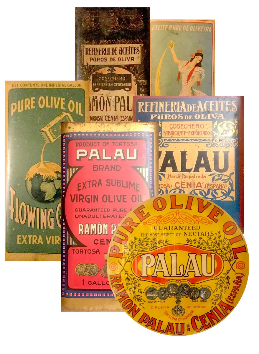Latas y etiquetas antiguas de aceite de oliva Palau para la exportación