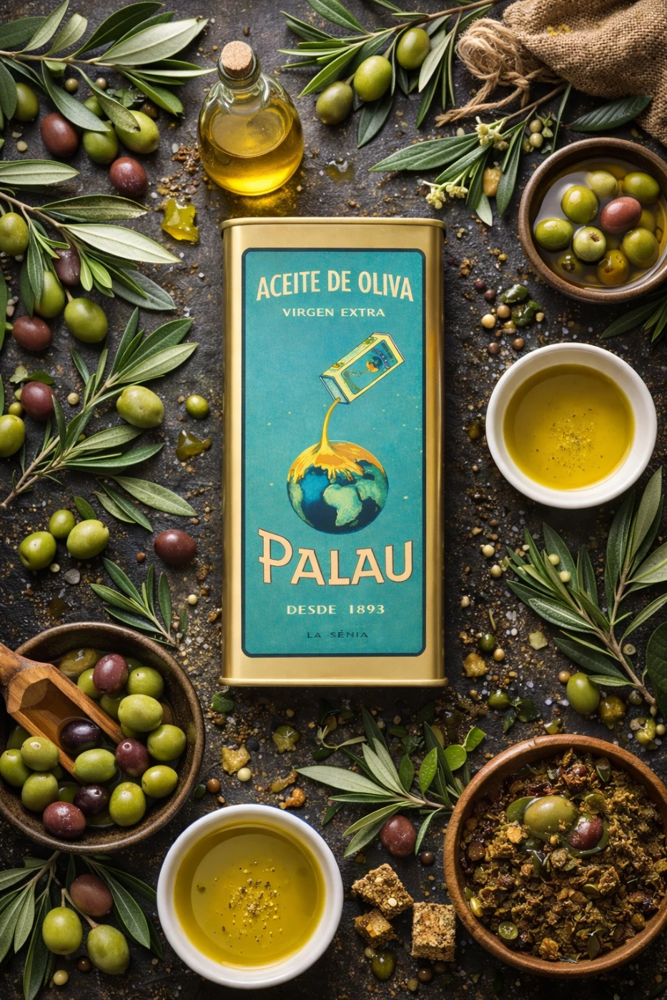 Lata turquesa de aceite de oliva Palau, edición 130 aniversario, rodeada de aceitunas y ramas de olivo