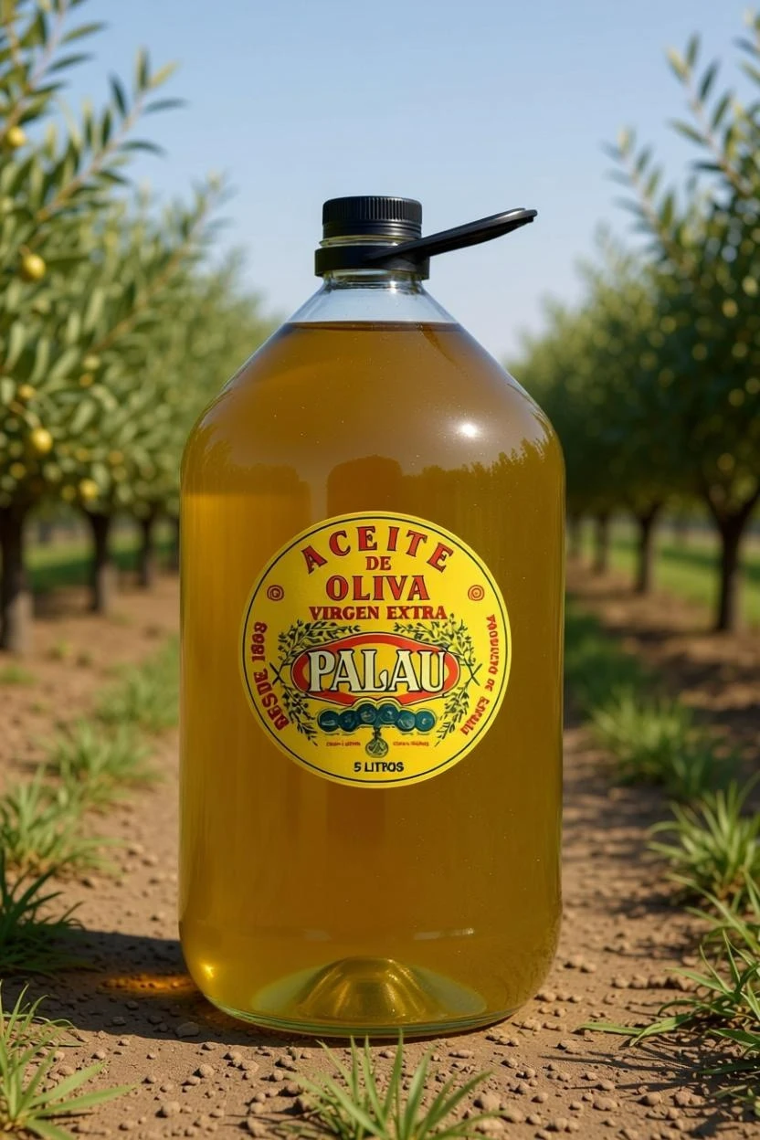Garrafa de 5 litros de aceite de oliva virgen extra Palau en un olivar