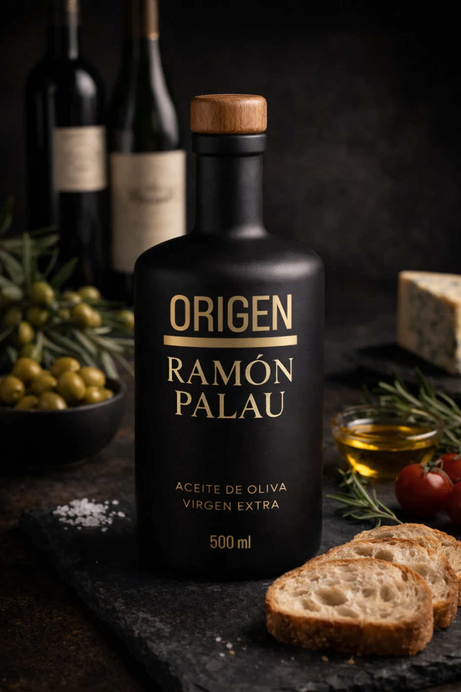 Botella Origen de aceite de oliva virgen extra Palau junto a pan, aceitunas y queso