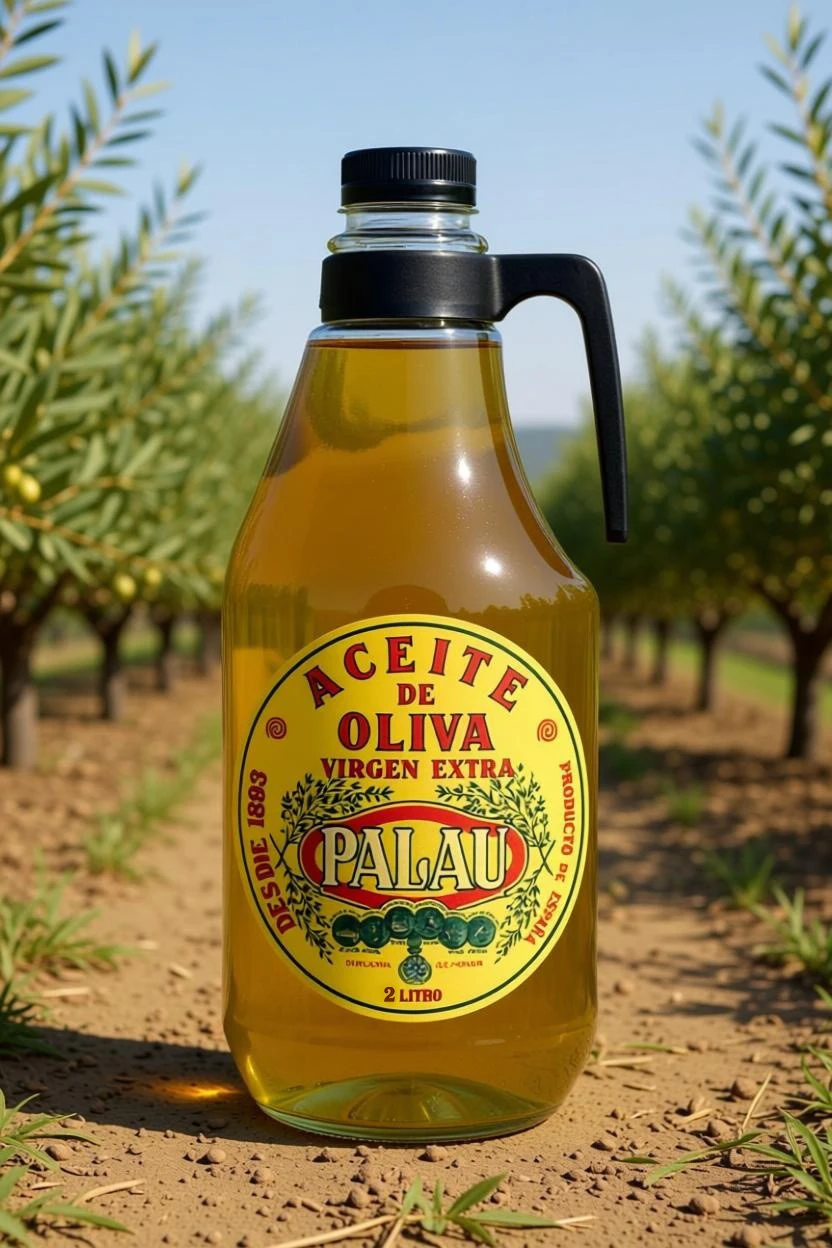 Garrafa de aceite de oliva virgen extra Palau en un olivar