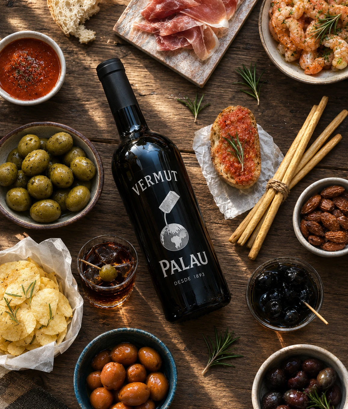 Botella de Vermut Palau 1893 sobre una mesa con aceitunas, embutidos y aperitivos